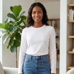 Theory Classic Cotton Basuc White Crew Neck  Long Sleeve Top Size S